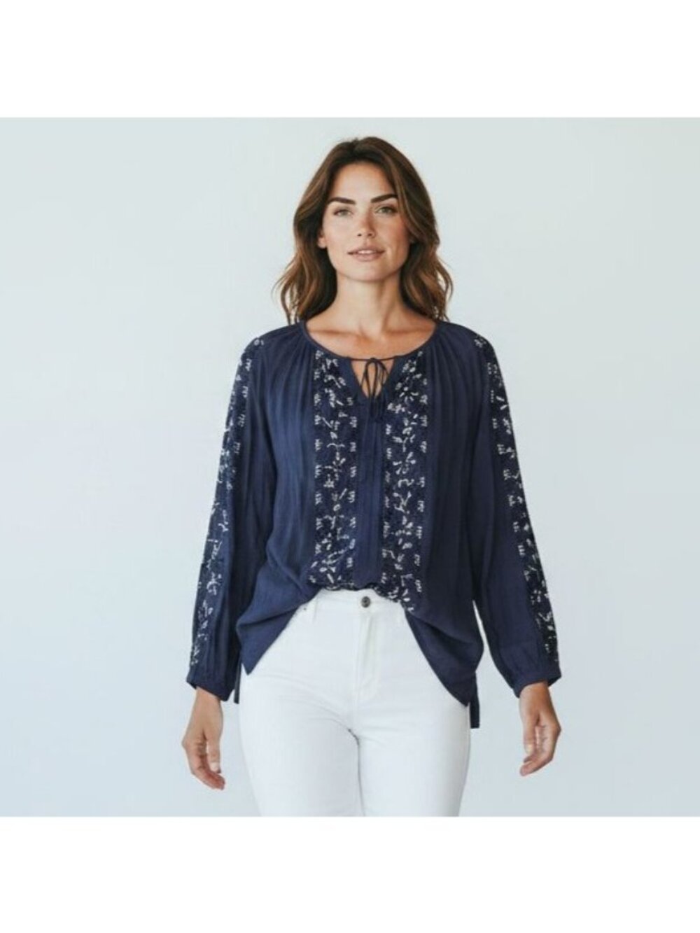 Lucky Brand Womens Blue Embroidered Bohemian Long Sleeve Top XL